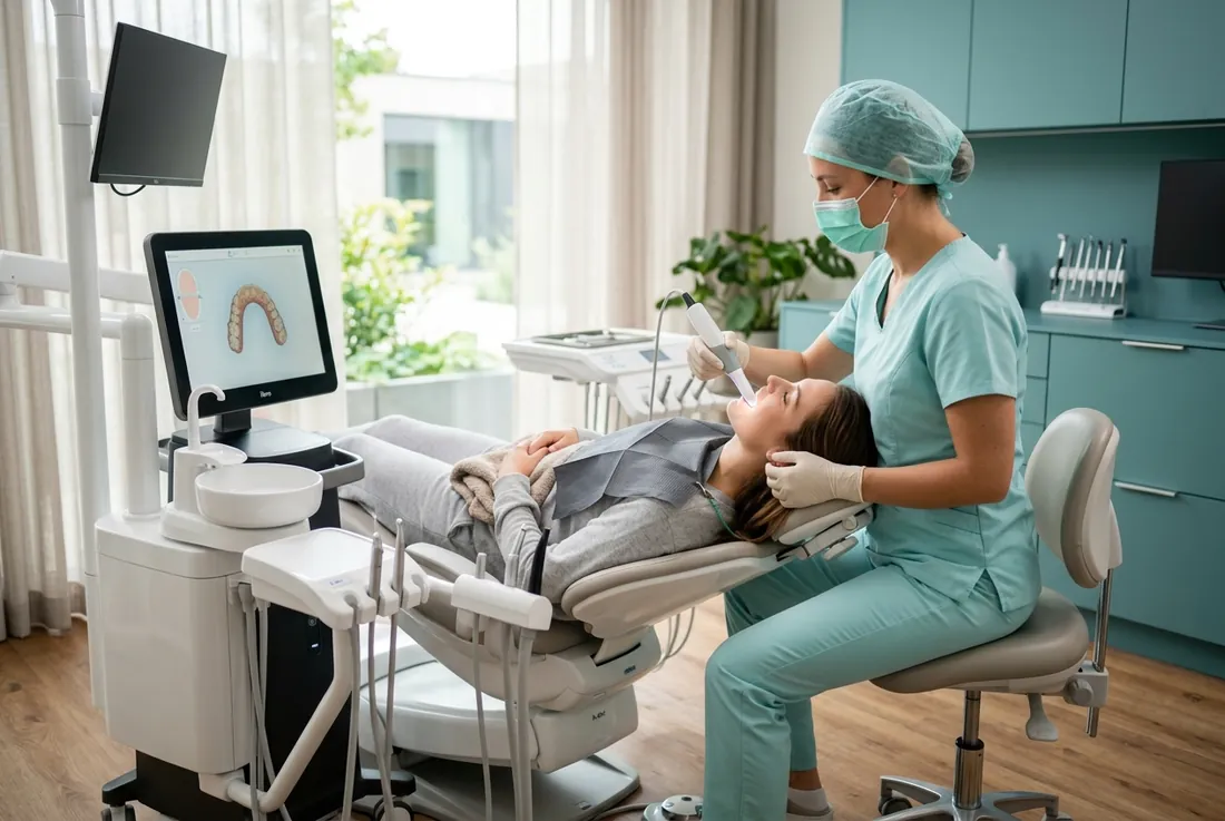 Operatory: patient relaxing in chair while clinician uses an iTero intraoral scanner, soft daylight