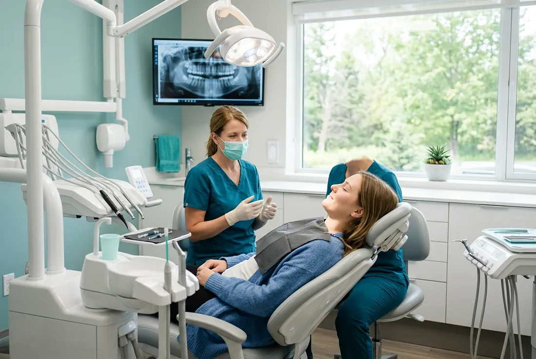 Treatment: modern operatory with overhead light, monitor, calming teal accents and a window view