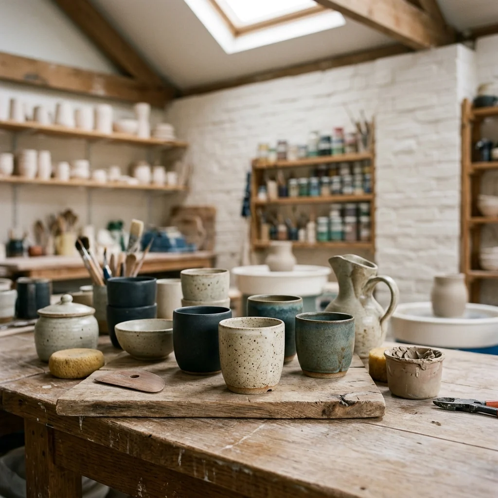 Brand still life — ceramic studio, soft top light