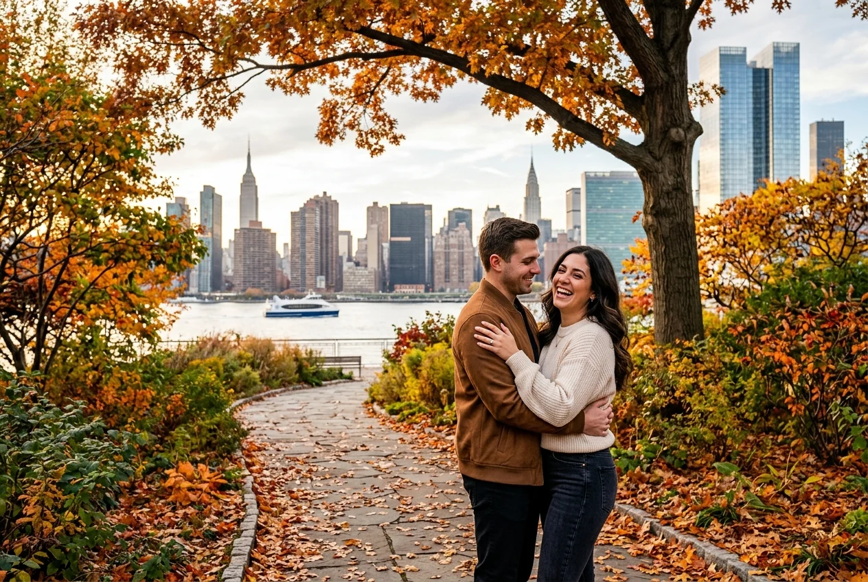Engagement, autumn leaves, Hunters Point South