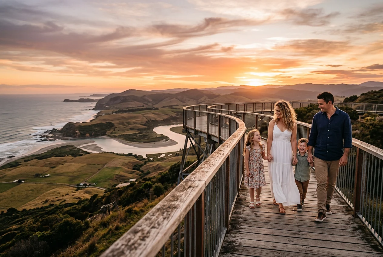 Family on the gantries at sunset, wide environmental