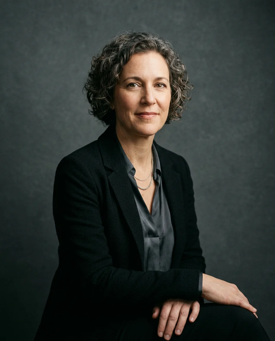 Founder headshot, charcoal backdrop, Rembrandt