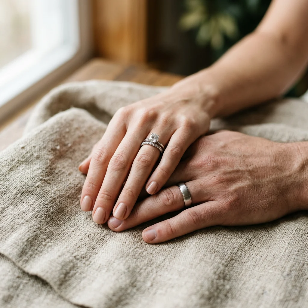 Hands & rings on raw linen, macro detail