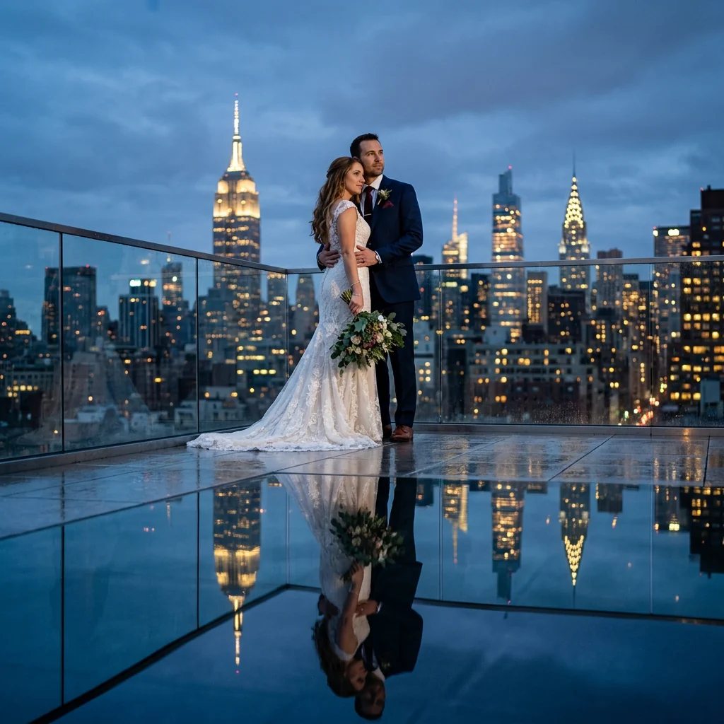 Manhattan skyline reflection, blue-hour couple
