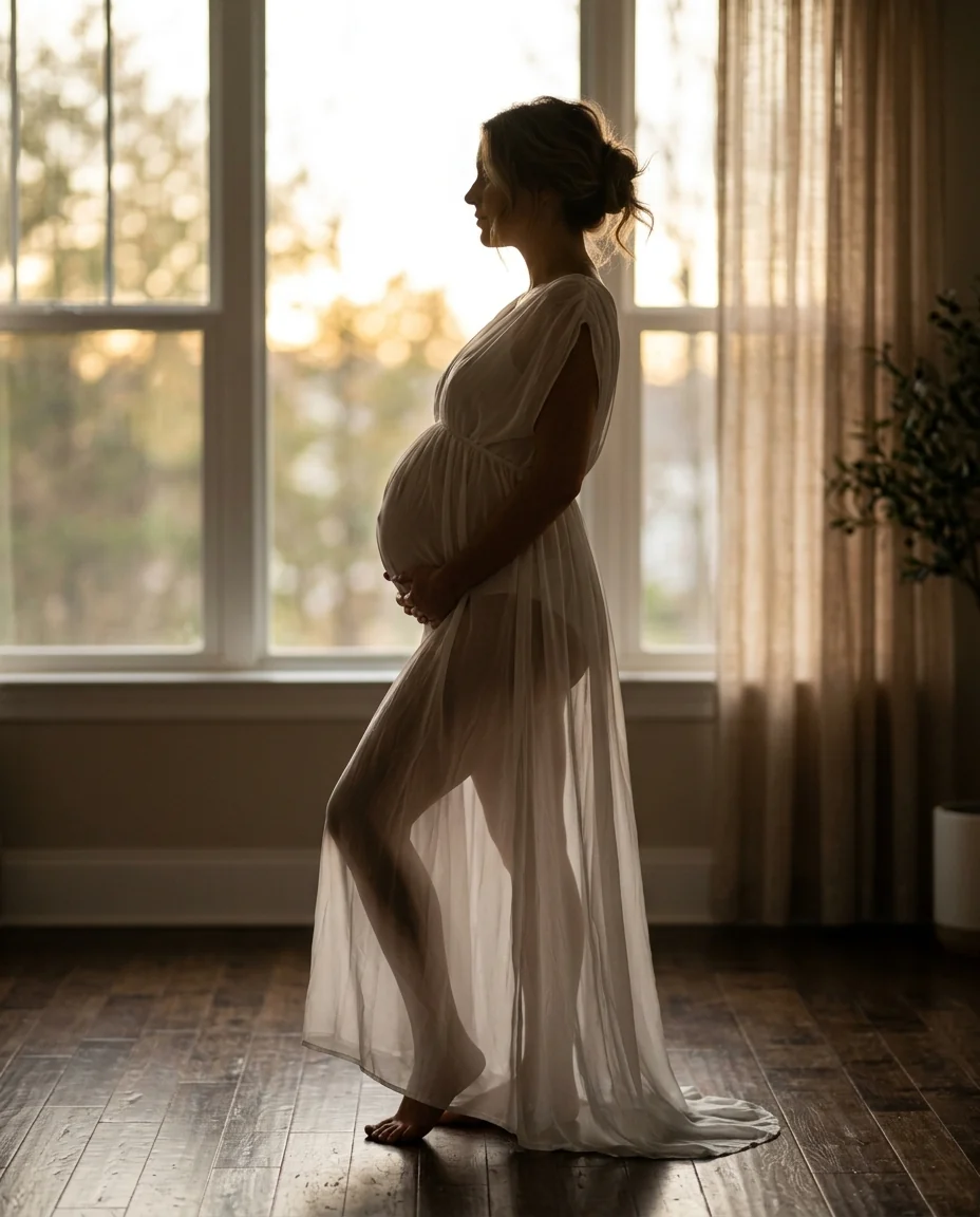 Maternity silhouette, sheer fabric, backlit