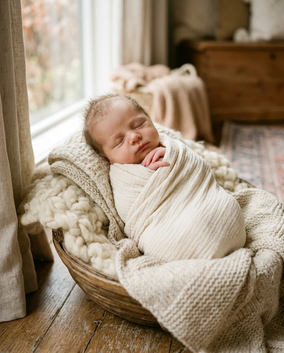 Newborn, swaddled, in-home natural light