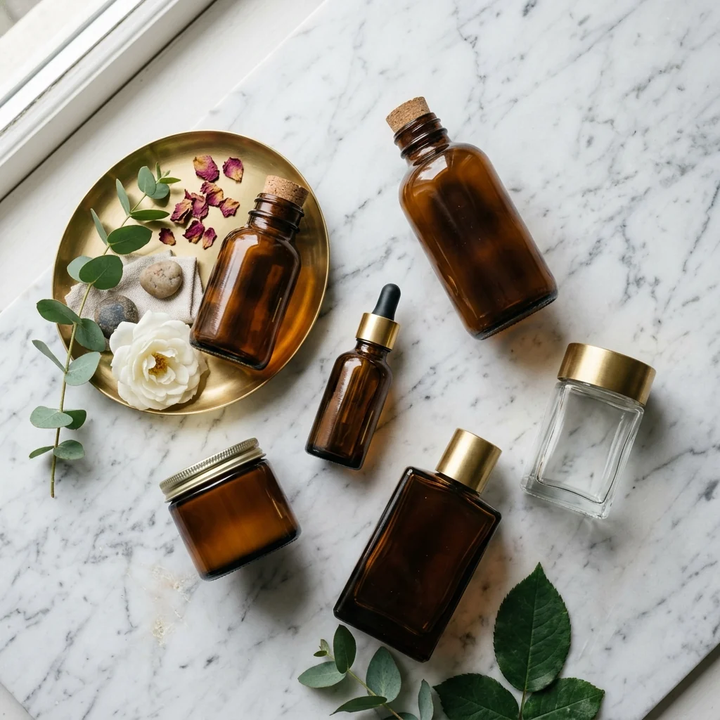 Product flat-lay, skincare line, marble + brass