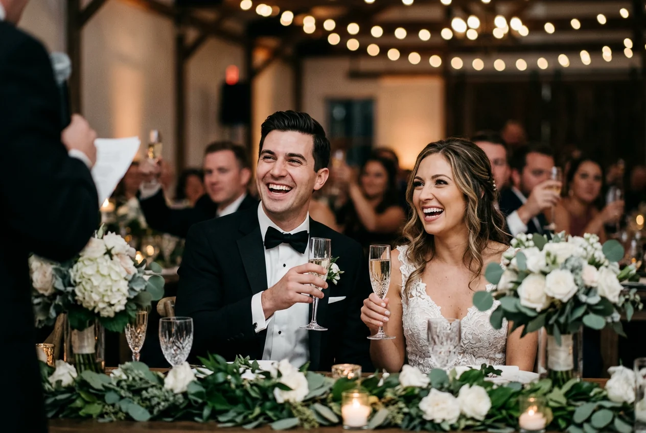 Reception toast, candid laughter, available light
