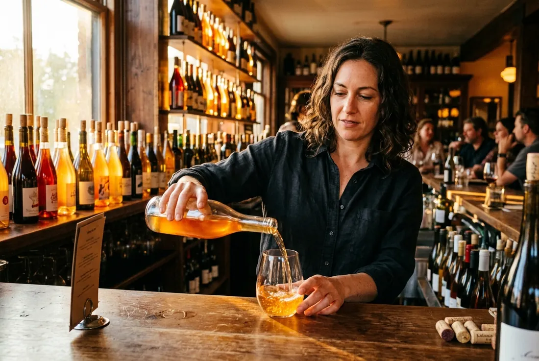 bar: natural wine pour, backlit bottles