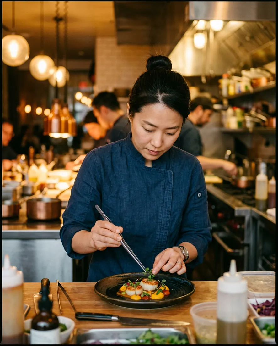 chef: portrait of Chef Mina Seo at the pass, plating with tweezers, warm kitchen light behind
