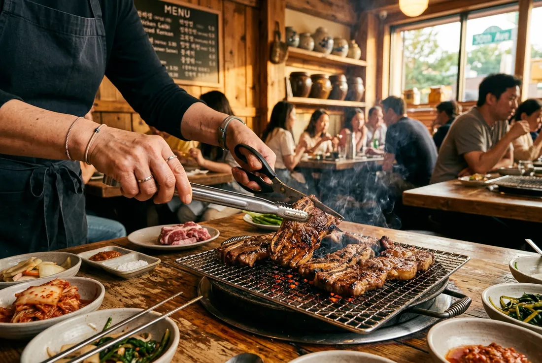 detail: hands turning galbi on the grill
