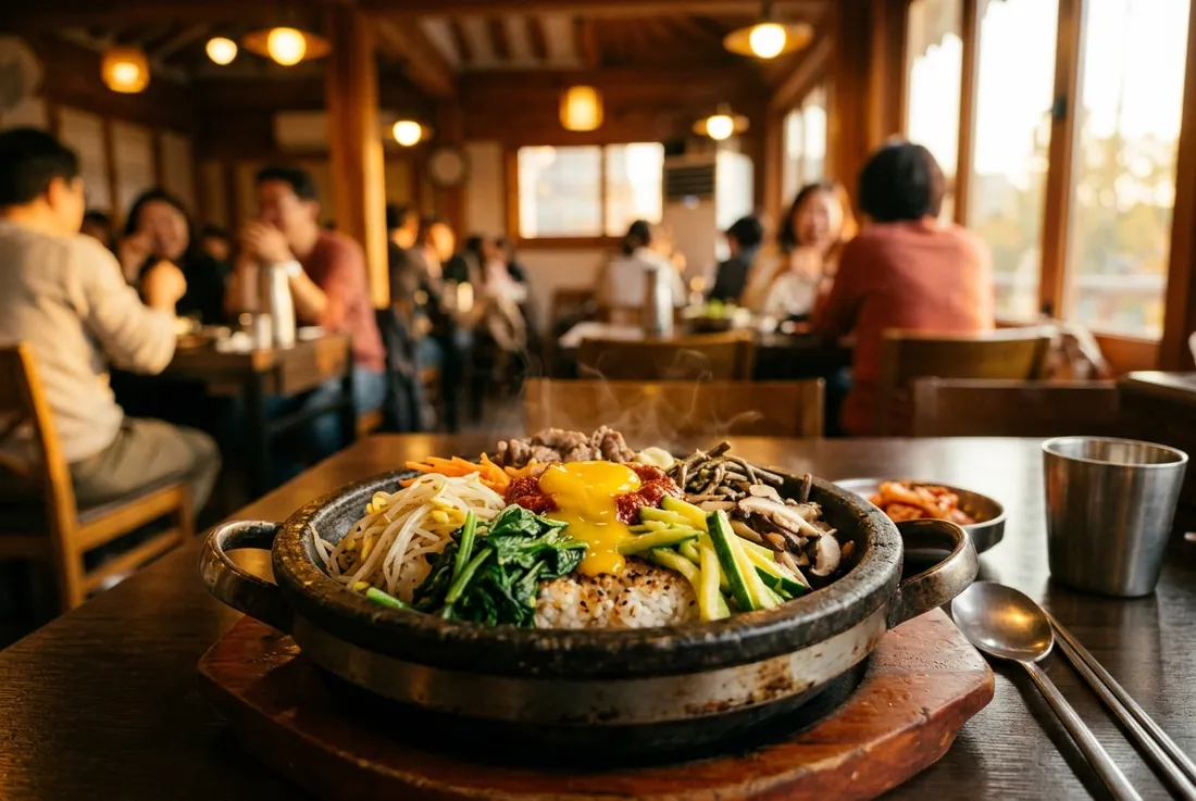 dish: dolsot bibimbap, vivid vegetables fanned over rice, egg yolk breaking