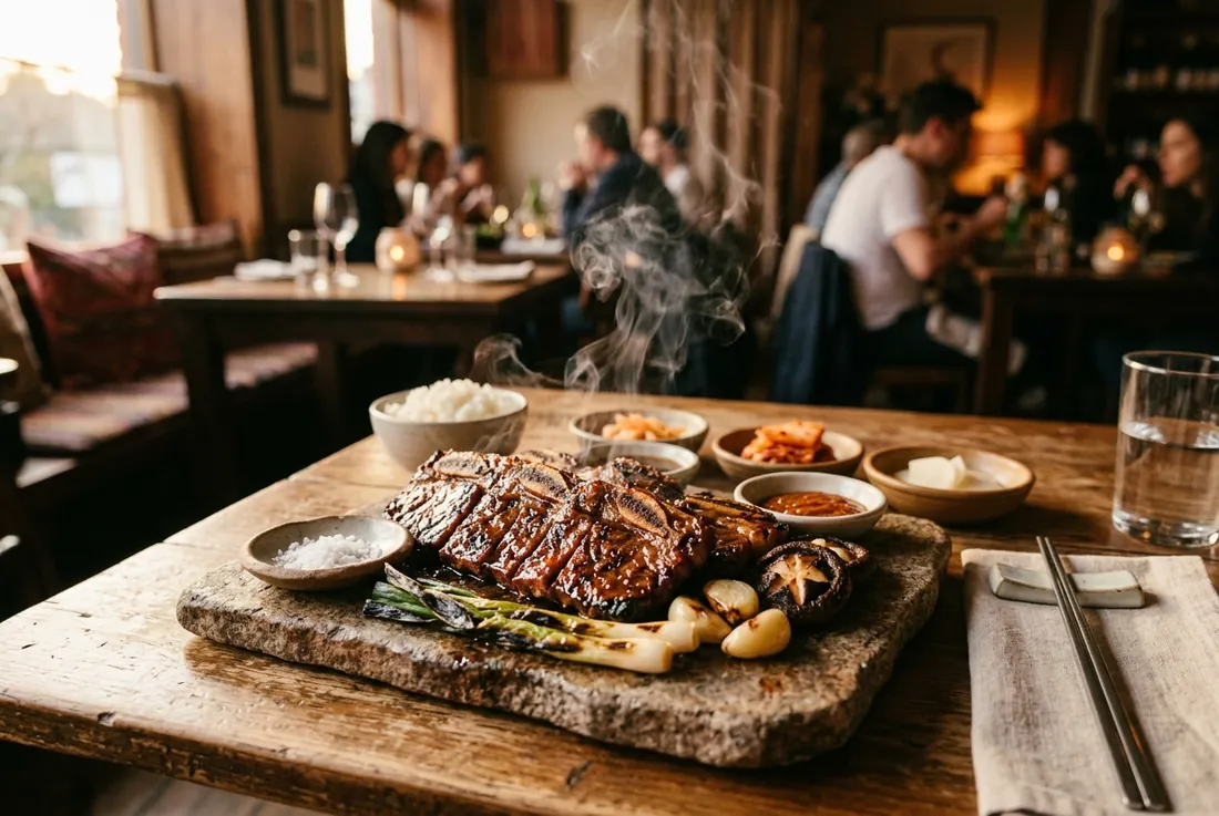 dish: galbi short rib sliced on a warm stone plate, smoke curling, glaze glistening