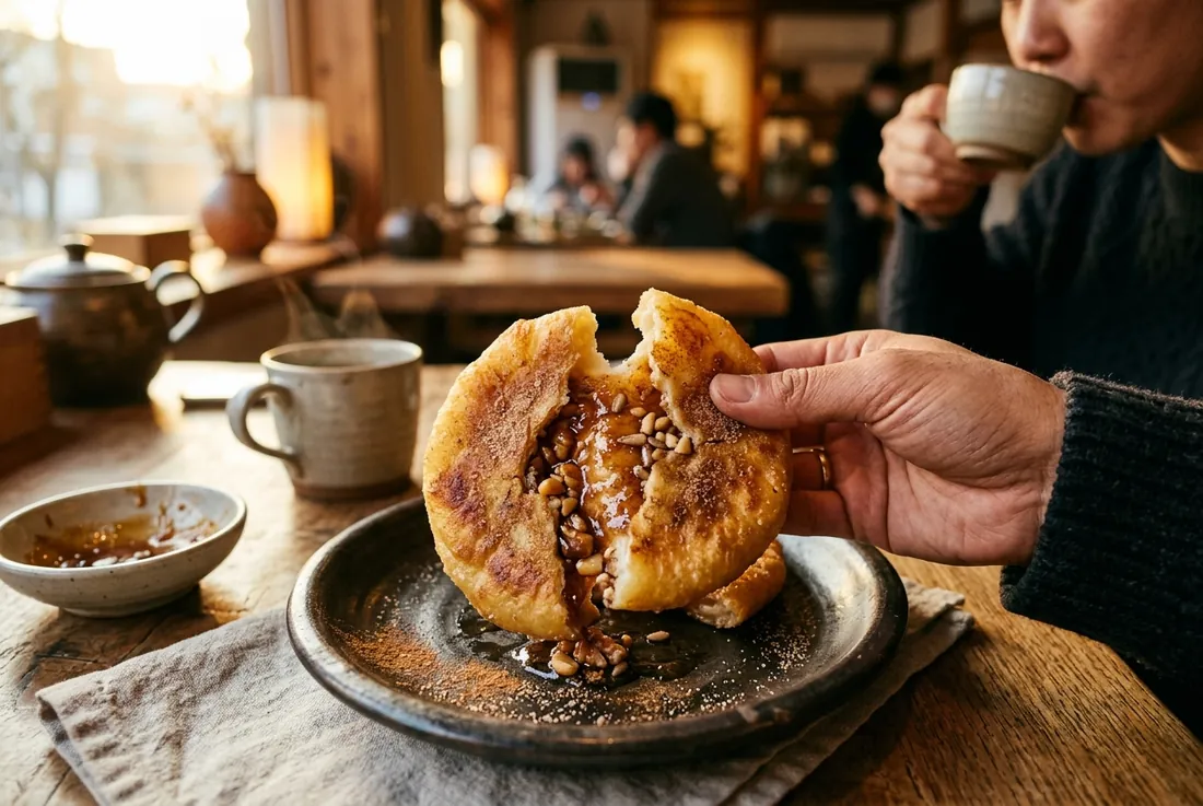 dish: honey hotteok torn open, molten sugar center, dusted in cinnamon