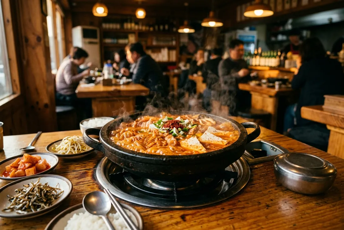 dish: kimchi jjigae bubbling in a black stone pot, steam rising, deep red broth
