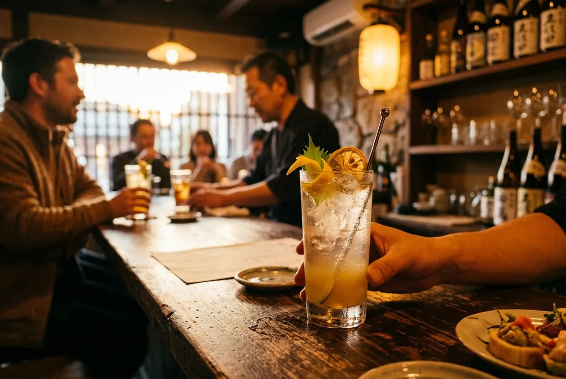 drink: yuja highball, condensation on the glass, citrus twist, warm bar light