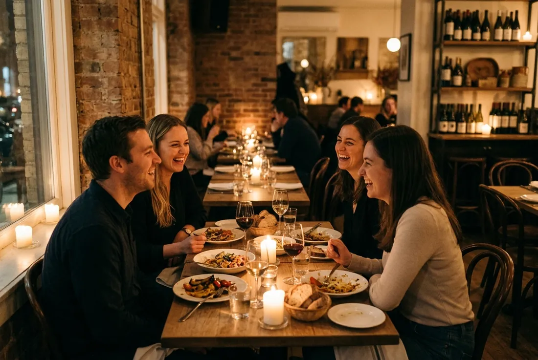 guests: a table laughing mid-meal, candlelight