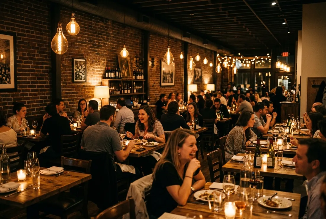 interior: full dining room at night, warm pendant lights, full tables, brick wall