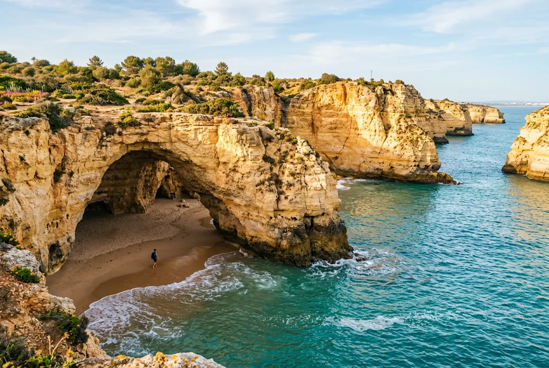Algarve, golden sea cliffs and a hidden cave beach, turquoise water