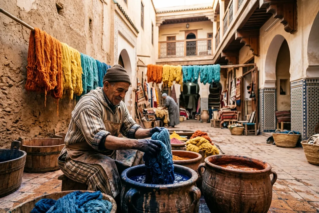 Cultural, Marrakech artisan dyeing wool in a sunlit courtyard