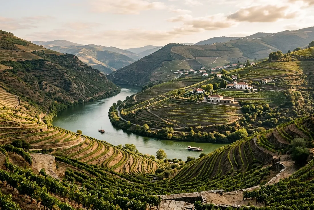 Douro, terraced vineyards descending to a slow green river