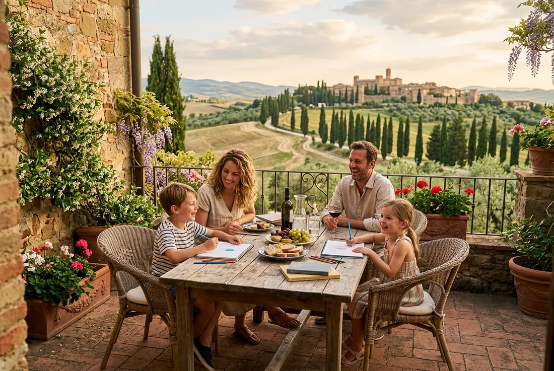 Family, kids on a sun-warmed Tuscan terrace, cypress hills beyond