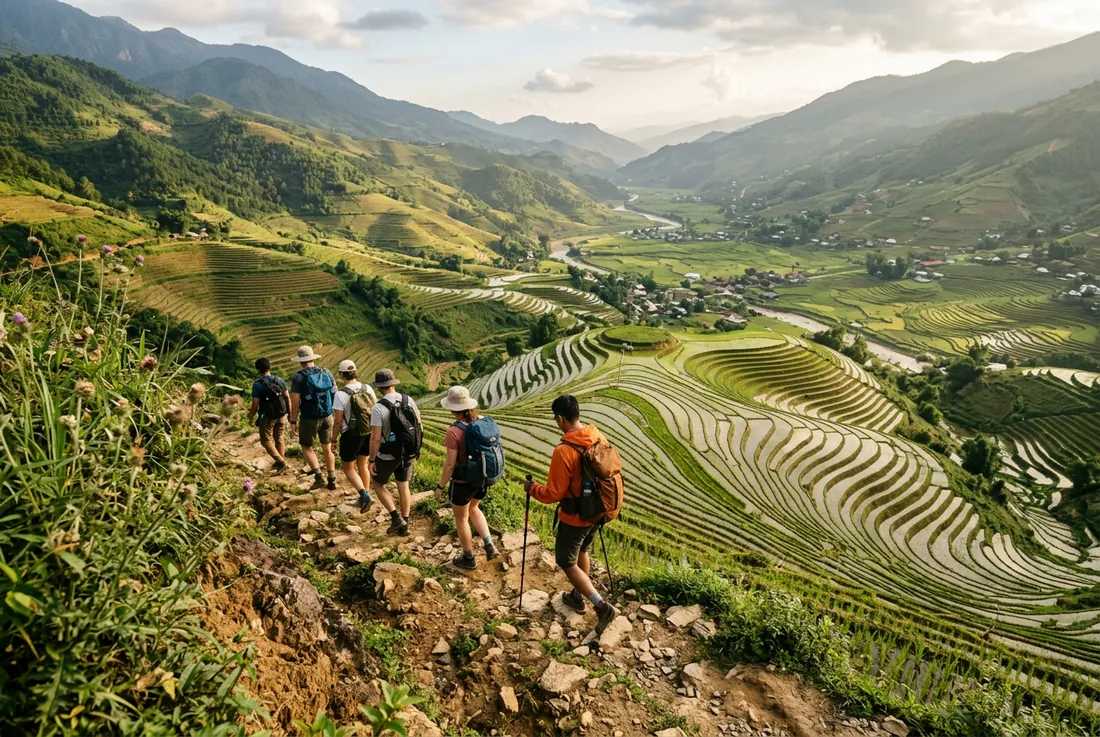 Group, travelers on a ridge trail above a Vietnamese rice valley