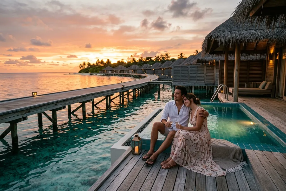 Honeymoon, overwater villa at sunset, Maldives lagoon