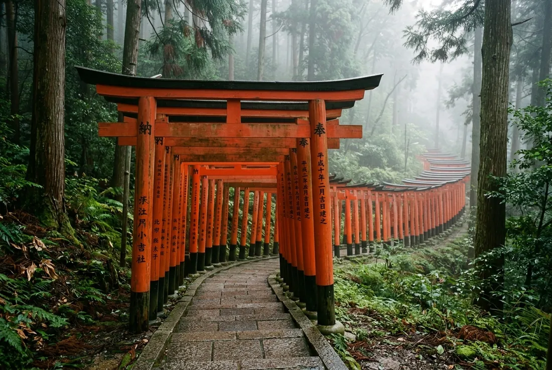 Kyoto torii gates in morning mist, vermilion path up the mountain