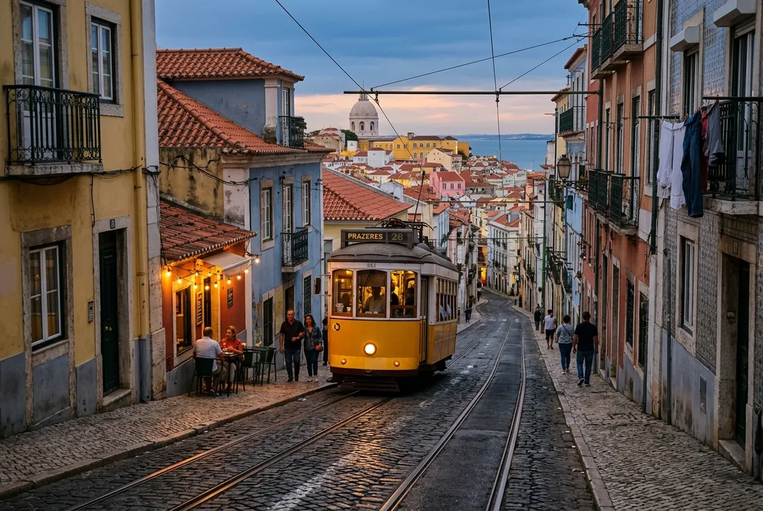 Lisbon, Alfama tram on a steep tiled lane at dusk