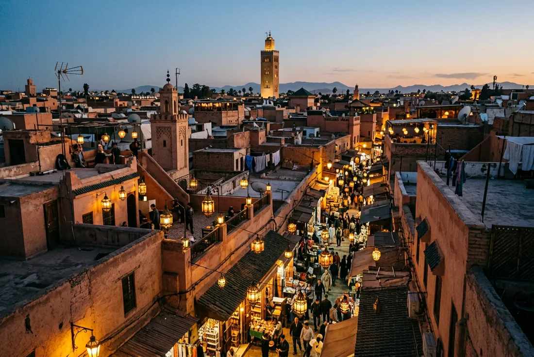 Marrakech medina rooftops at dusk, lanterns glowing over the souk