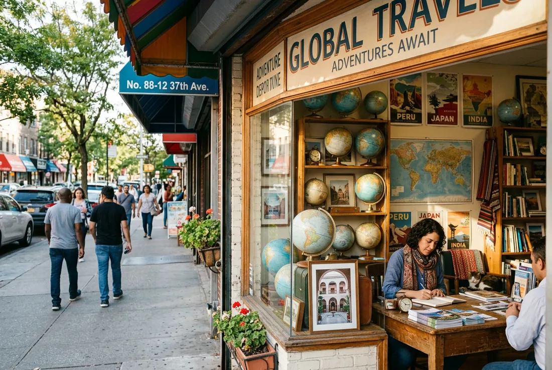 Office, sunlit storefront on 37th Avenue, Jackson Heights, with globes and travel prints