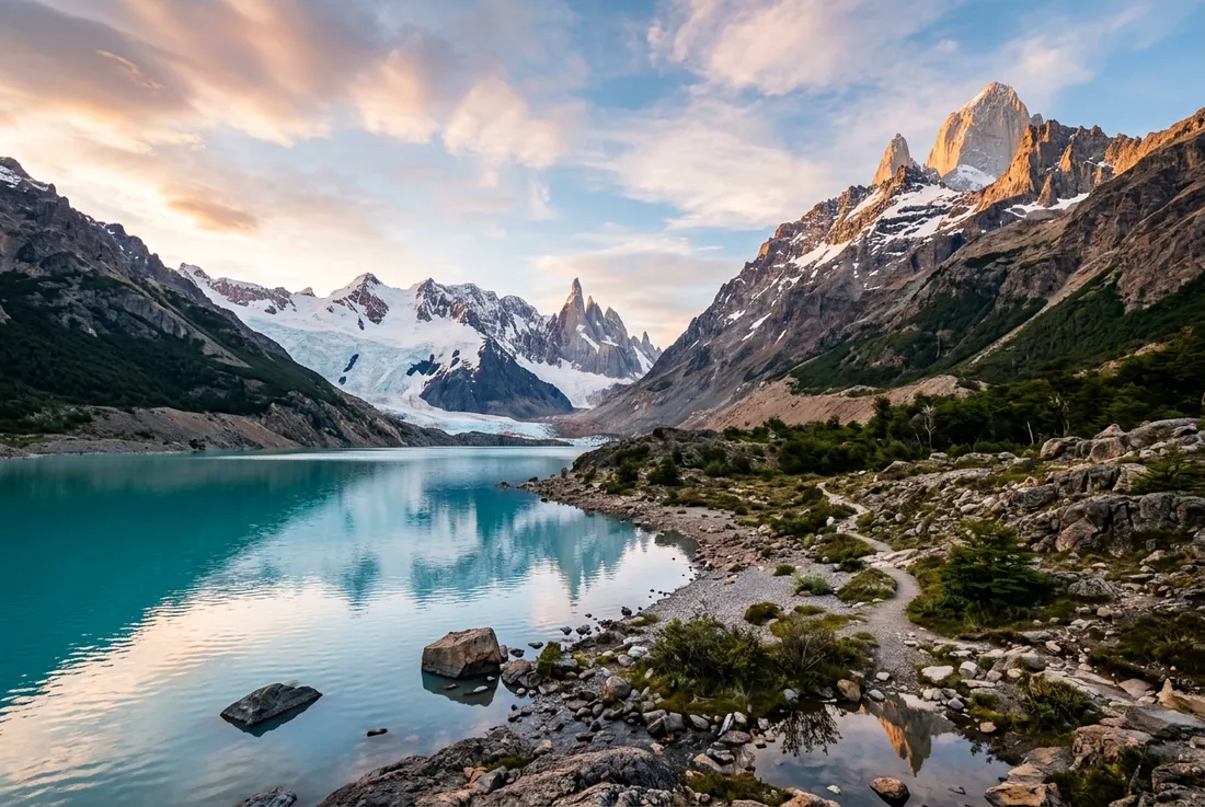 Patagonia granite peaks at dawn, glacier-fed turquoise lake below