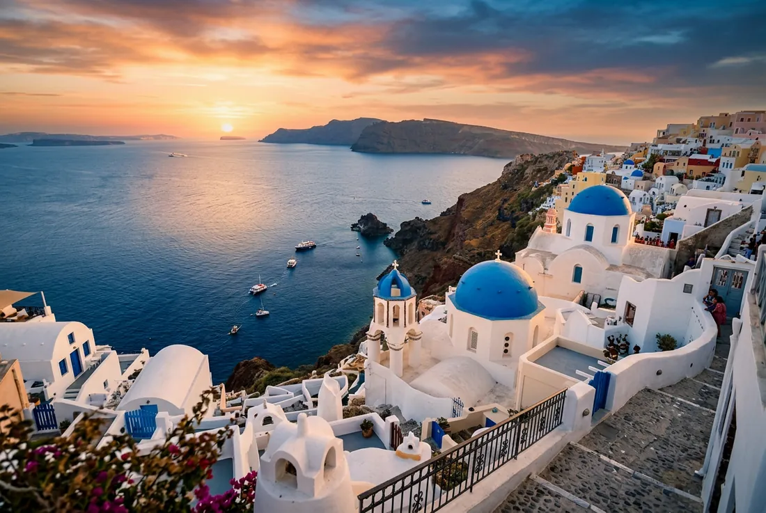 Santorini blue domes at sunset, caldera view over the Aegean