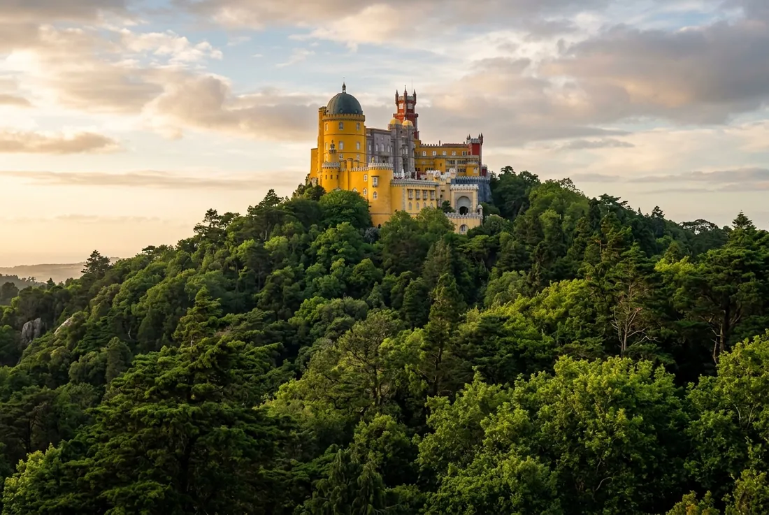 Sintra, Pena Palace turrets above a sea of green forest