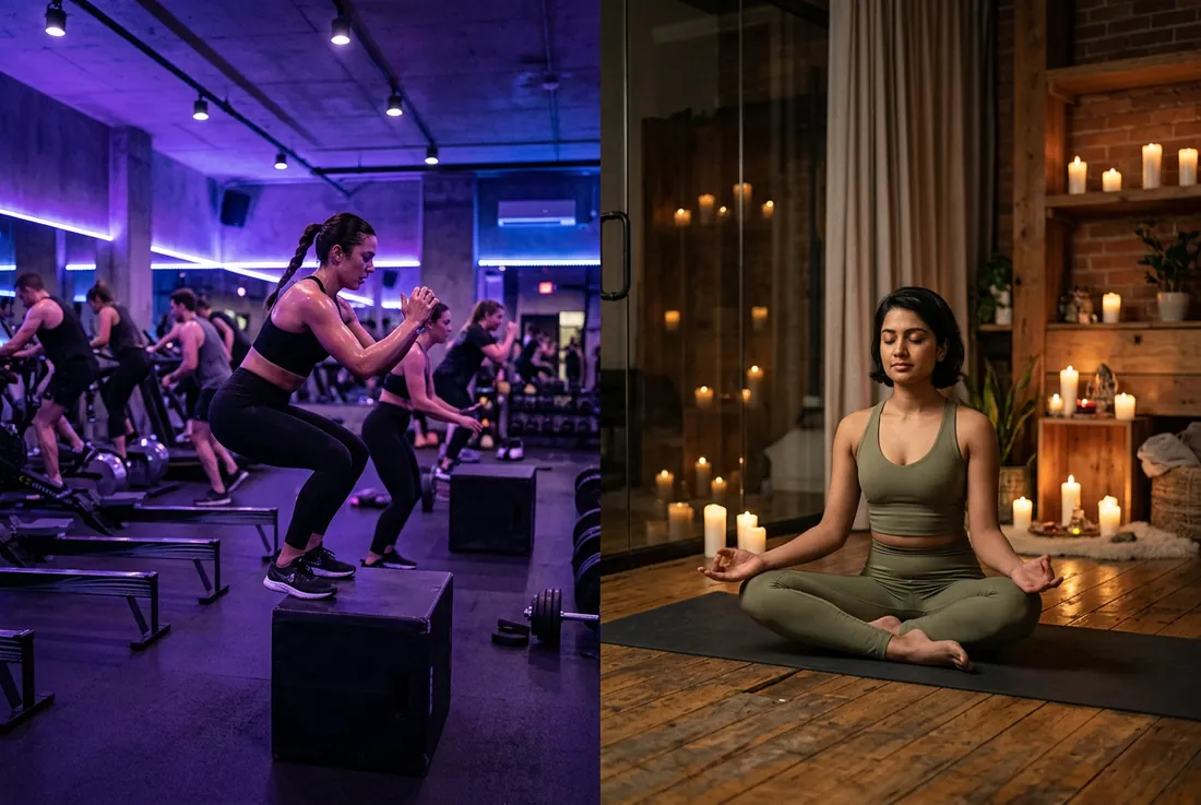 Priya in seated pose, calm, candlelit studio