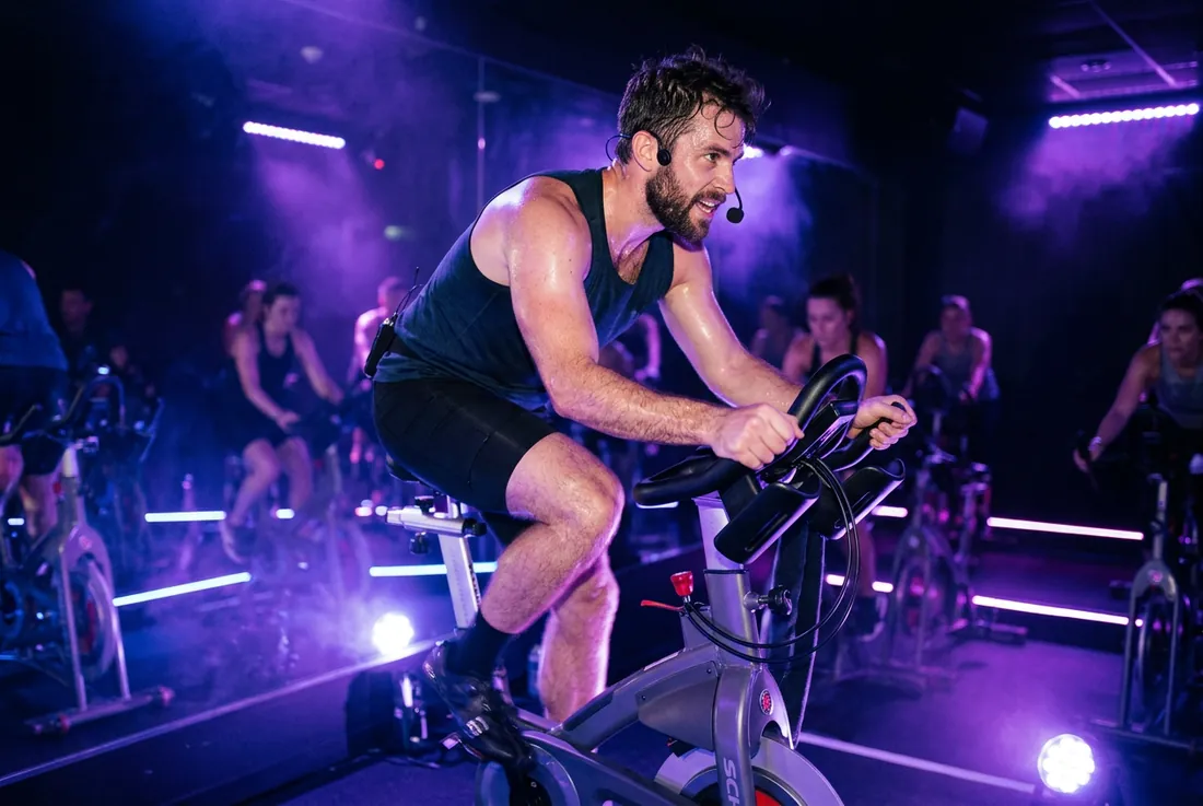 Theo on the bike, headset, neon stage light