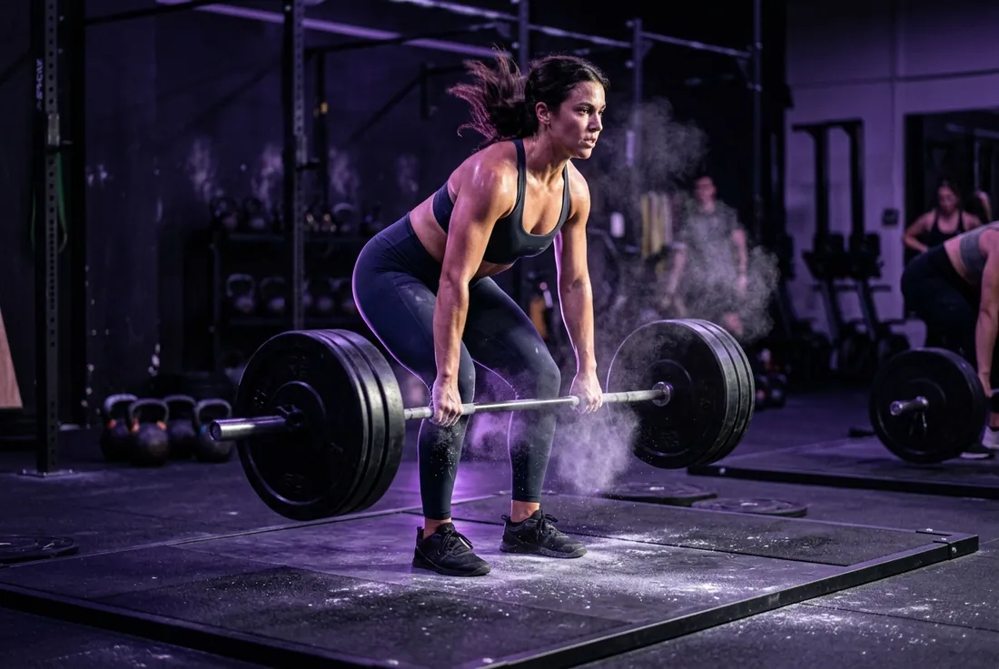 barbell deadlift mid-pull, chalk dust, violet rim light