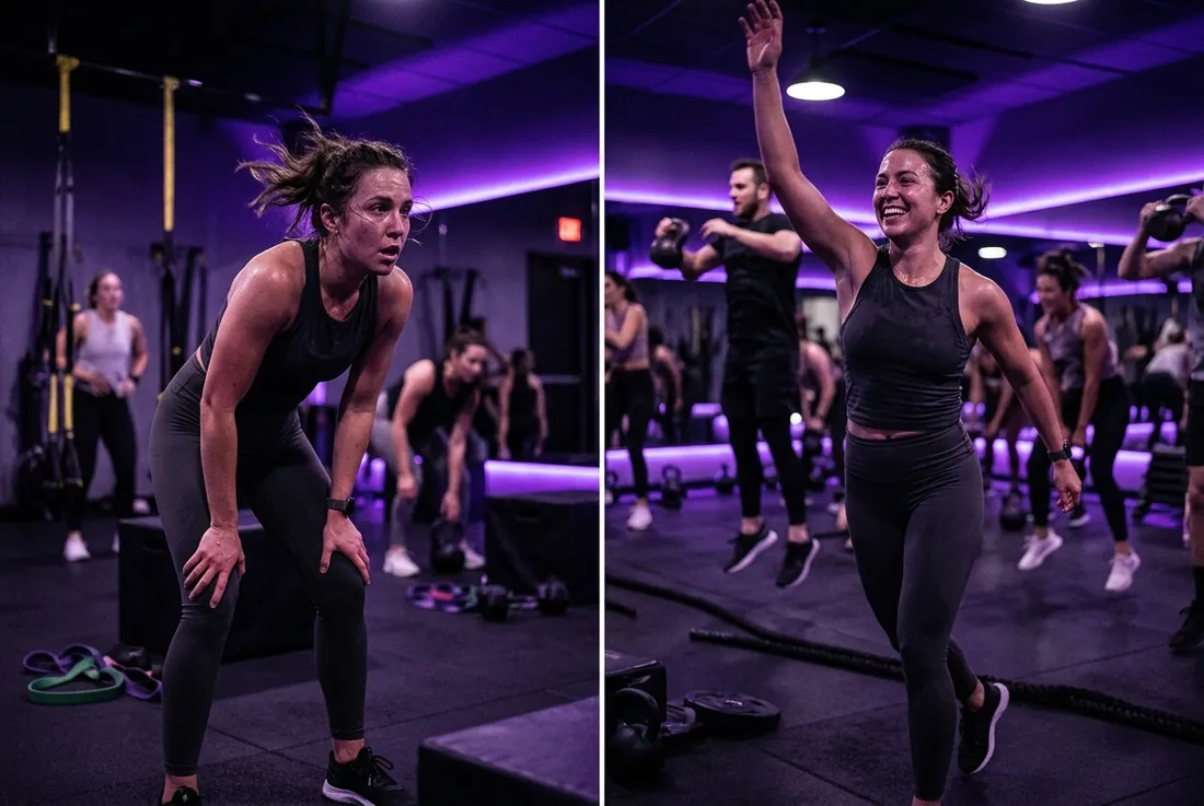 before/after side-by-side, member smiling