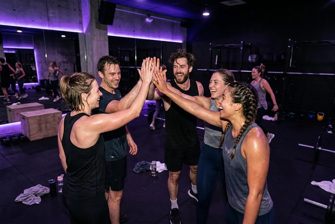 group post-class high-fives, sweaty + grinning