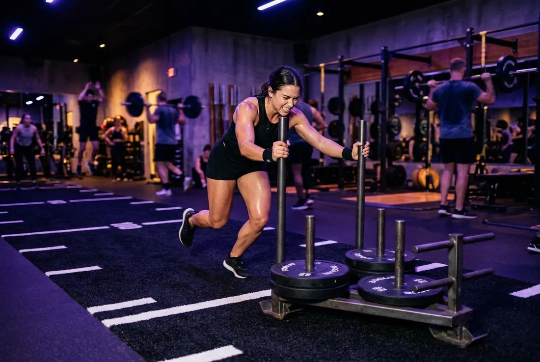 sled push on turf lane, sweat-lit, motion blur