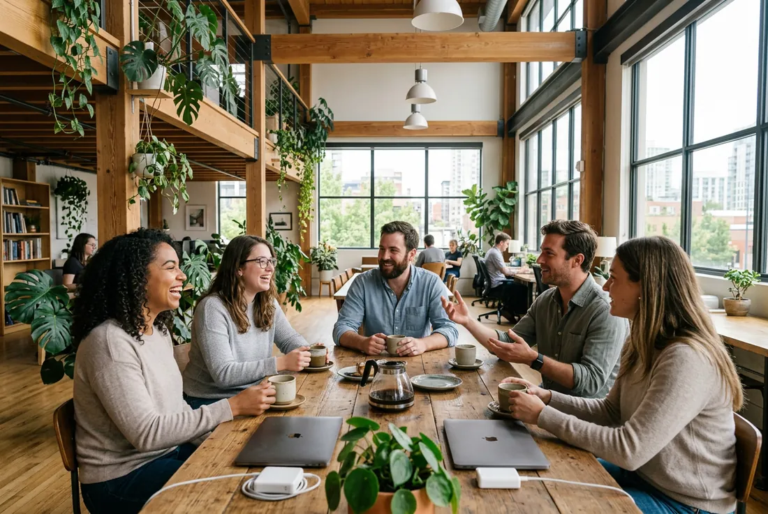 Event: members mid-conversation over coffee, laptops closed, easy morning energy