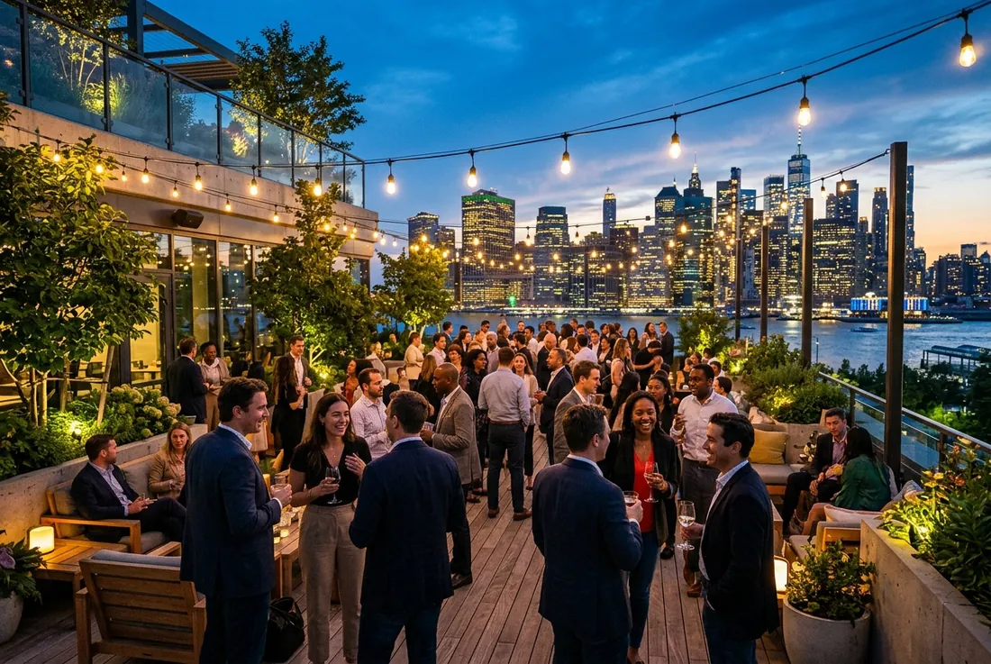 Event: rooftop terrace at dusk, string lights, members mingling, skyline glowing