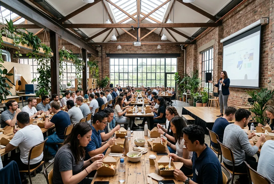 Event: speaker at the front of the event room, slide up, attentive crowd with lunch boxes