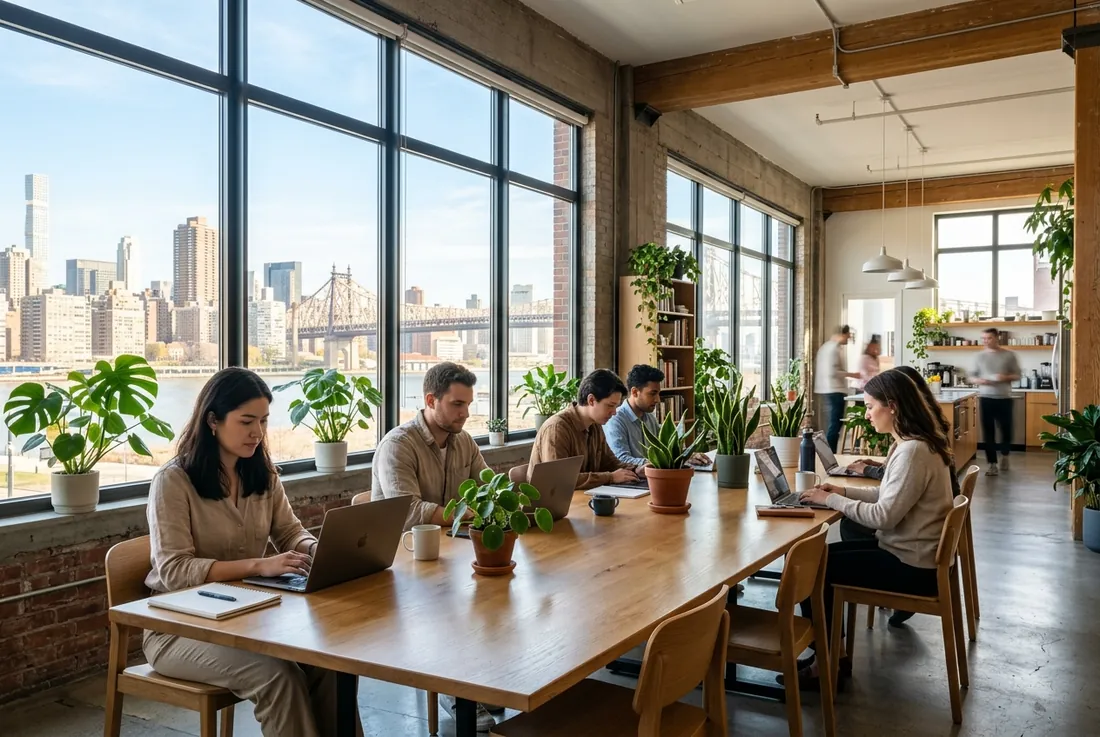 Hot desk: bright communal long table by the windows, laptops, plants, morning light across LIC