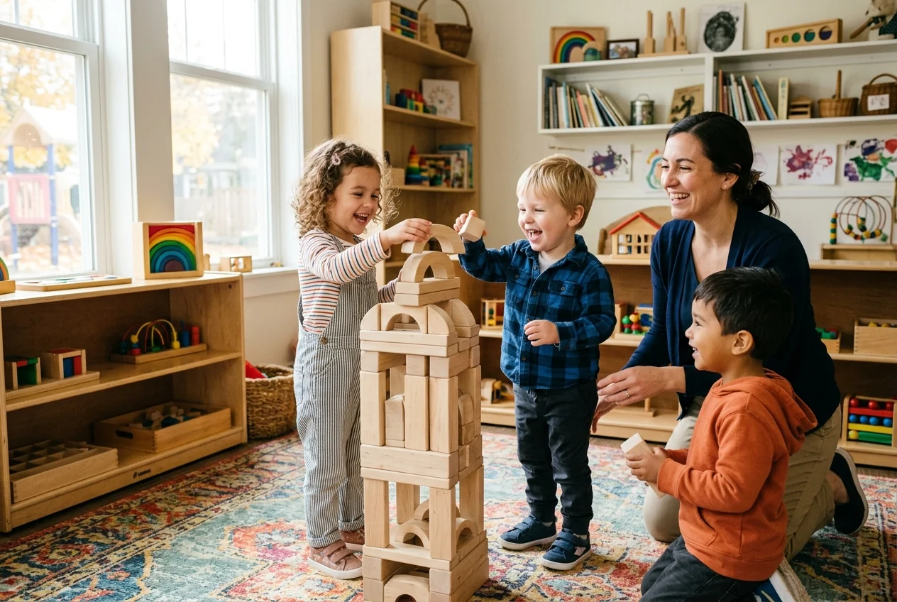 Block corner — a tall wooden tower mid-build