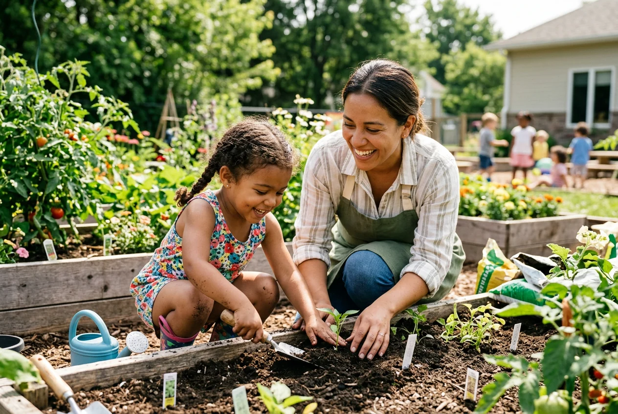 Caregiver and child planting seedlings in the garden bed together