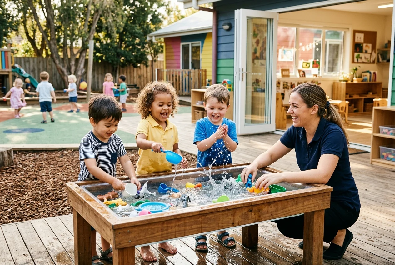 Water table splashes in the sunny yard