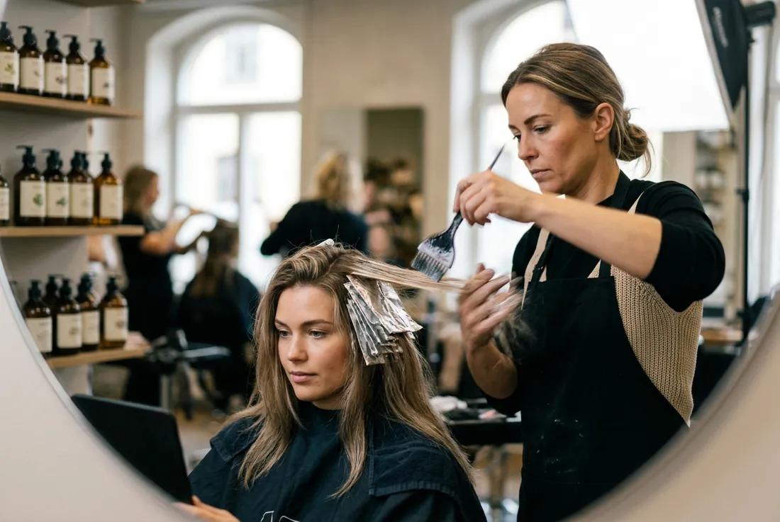 atelier in motion, colorist painting balayage, foils, soft bokeh
