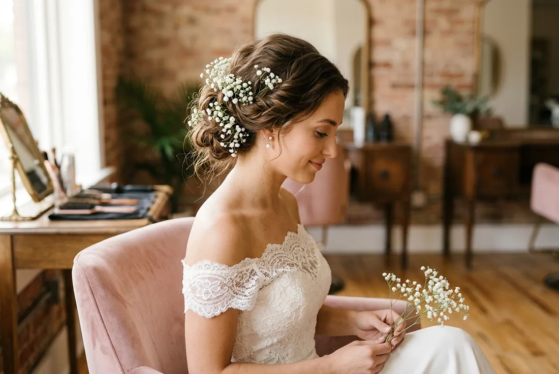 bridal, soft updo with baby’s-breath